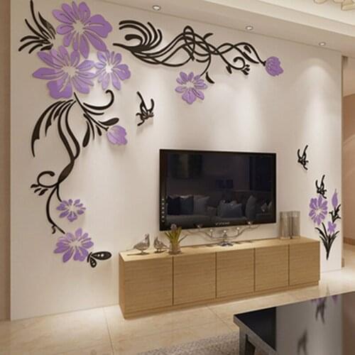 Modern Style 3d Purple Flower Leaf Wall Sticker S M L Xl Acrylic Wall Stickers Tv Sofa Living Room Decoration Adesivo De Parede