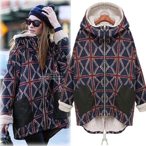 Womens Autumn and Winter New Plus Size M-5XL Loose Long Paragraph Lamb Hooded Plaid Long-sleeved Cotton Coat Warm Long Jacket