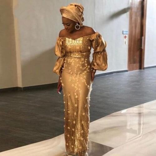 Gold Aso Ebi South African Evening Dresses Sheath V-neck Long Sleeves Appliques Nigeria Saudi Arabic Evening Gown Prom Dress