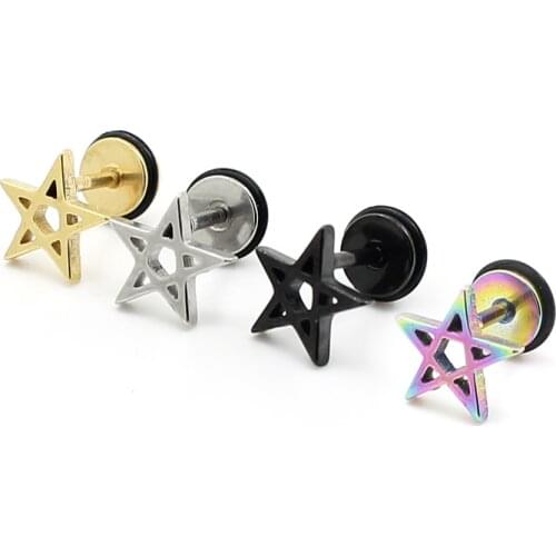 Alisouy 1 pair Steel black gold Colorful Stainless Stain ear Plug trendy Holly Star style fashion stud earrings For Men Women