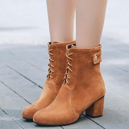 2018 New Fashion Frosted Velvet Autumn And Winter Lace Up Ankle Boots With Thick Heel Women British Knight Shoes Black Booties