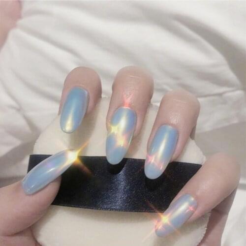 24PCS/Box Blue mirror Polish Ultra Shiny Fake Nails Long Round Head Wearable Finished Nails DIY Nail Art Decoration For Manicure