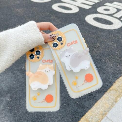 3D Cute cat Folding bracket phone Case for apple iphone 7 8 plus X xs max XR 11 12 pro max 12mini cover With Stand Holder Back