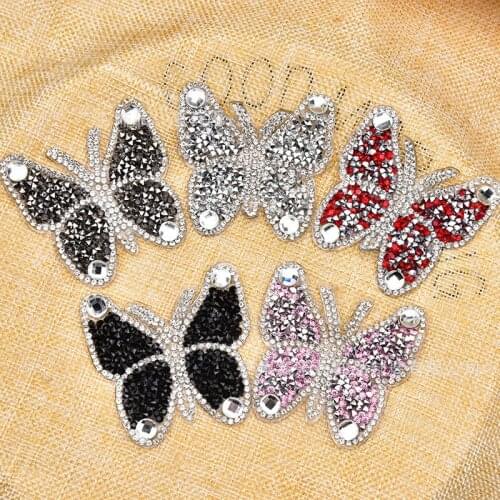 6CM Sparkling Butterfly Embroidery Sew Patches for Clothing By Diamond Rhinestones Black Iron on Stick Applique