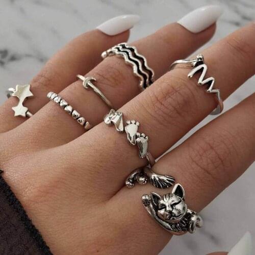 7 Pcs/Set Vintage Footprin Kitten Wave Rings Set Fashion Geometric Star Moon Cute Rings for Women Jewelry Accessories
