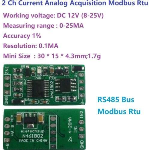 4-20MA DC 12V 2ch 0-20MA Current Analog Acquisition RS485 Modbus RTU ADC Module for PLC Instrumentation measurement
