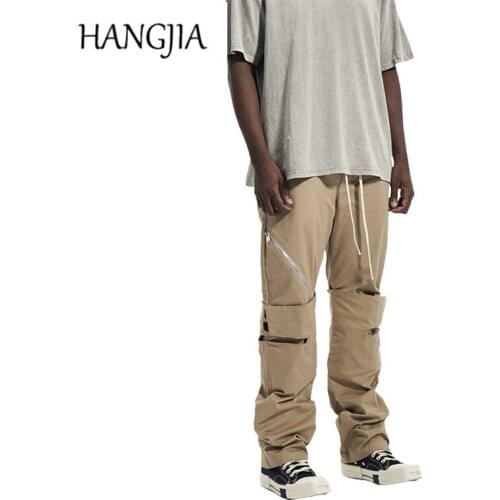 High Street Heavy Industry Side Zipper Straight Cargo Pant Drawstring Mens Fashion Casual Velcro Hollow Out Trousers Autumn