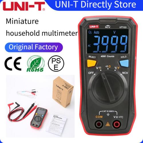 UNI-T Auto Range Mini Digital Multimeter Temperature Tester UT123 Data hold AC DC Voltmeter Pocket Voltage Ampere Ohm Meter