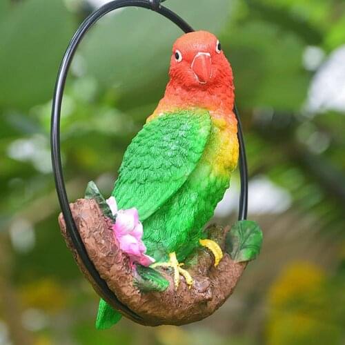 Parrot on Ring Statue Garden Hanging Bird Sculpture for Patio Hang Parrot Statue Perch On Metal Ring Garden Decoration Ornament