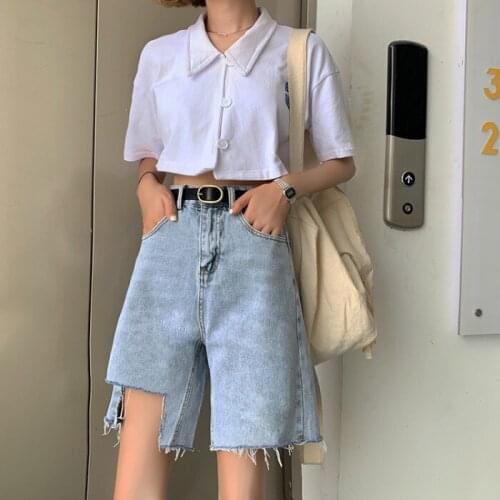 Summer Loose Was Thin Casual Straight Shorts Holes Burrs Wild High Waist Denim Shorts Wide Leg Shorts Women Biker Shorts