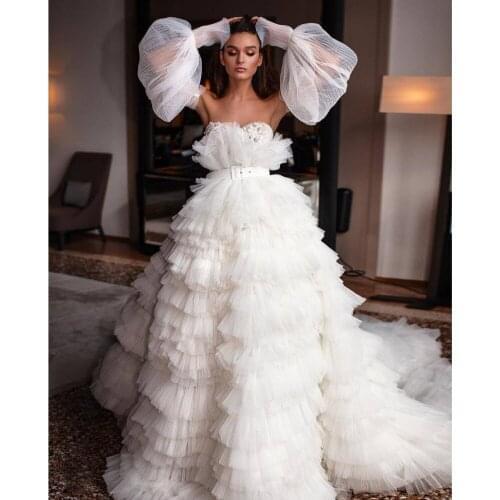 Trendy Boho Prom Dress To Wedding Party vestido de fiesta Pretty Ruffles A-line Prom Gowns With Sleeves Puffy abiye 2021