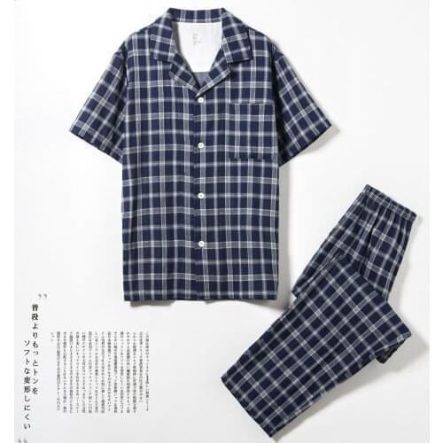 Men Cotton Pajamas Summer Short Sleeve Trousers Sleepwear Gauze Plus Size Home Wear 2 Piece Plaid Mens Nightwear Lounge Set 2021