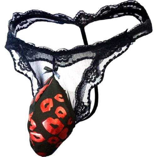 Red Lips Men Gay Thong G Strings Sissy Lace Bow Mens Thongs and G Strings Bikini Underwear Cueca Masculina