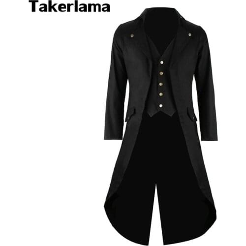 Mens Gothic Tailcoat Jacket Steampunk Trench Cosplay Costume Victorian Coat Black Long Coat Mens Tuxedo Suit Halloween Party