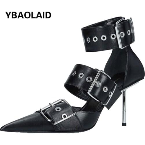 Pointed Sexy Metal One-word Belt Buckle Bag with Roman Sandals New Fashion Solid Color Ankle Strap Rivet Stiletto Shoes