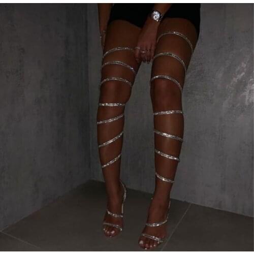 New Black Sliver Rhinestone Strap Gladiator Over The Knee Sandals Boots Woman Bling Crystal Cross Strip Heels Thigh Long Boots