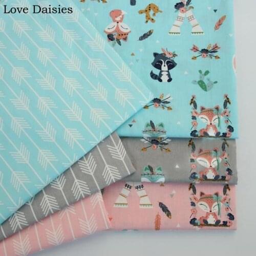 100%Cotton Twill Cloth GRAY AQUA PINK Cartoon Indian Fox Rabbit Arrow Tent Cactus Fabric for DIY Cot Bedding Cushion Sheet Decor