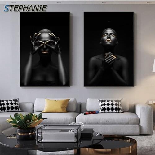 Modern Golden Lips Eye Shadow Black Model Canvas Art Sexy Posters and Prints for Living Room Abstract Sexy Girl Wall Art Picture