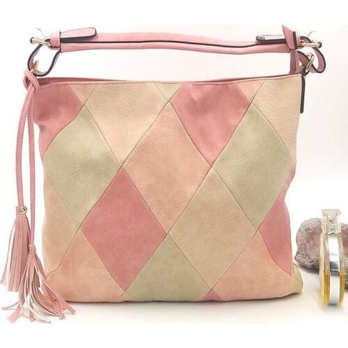 New Womens Bag PU Stitching Fashion Large Capacity Armpit Bag Color Contrast Bag Tassel Bag Single Shoulder Or Portable Or Diag