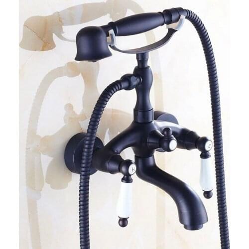 Bathroom Black Oil Rubbed Bronze Clawfoot Tub Faucet Mixer Tap w/ Handshower Ceramics Handles - Wall Mount atf552