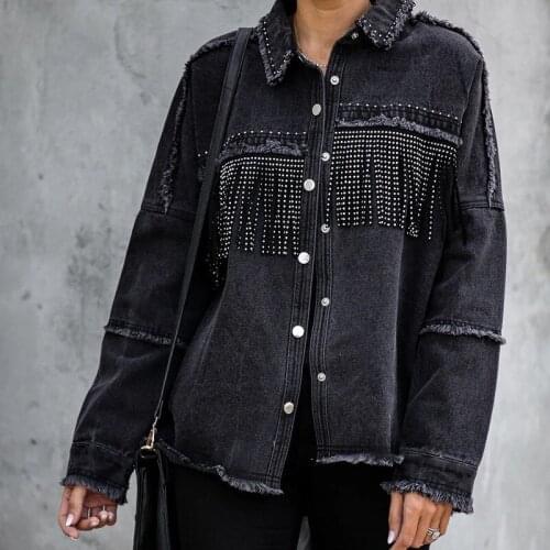 YYCZF Women Fashion Tassel Beaded Oversized Denim Jacket Coat Women Vintage Long Sleeve Frayed Hem Female Outerwear Chic Tops