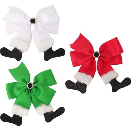 Cute Christmas Bow Hairpins Girls Baby Accessories Red Green Ribbon with Black Shoes Jewelry Hair Clip Christmas Party Ornaments