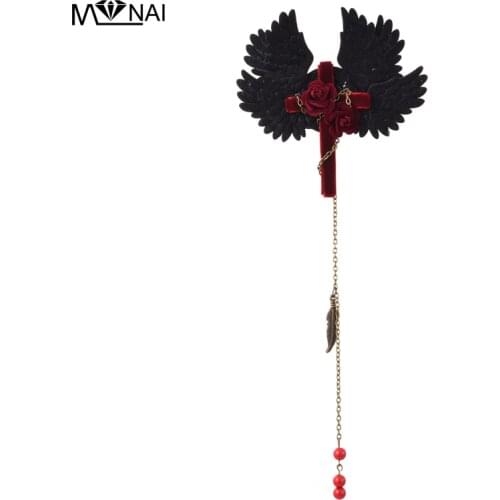 Lolita Gothic Red Rose Wing Chain Hair Clip Steampunk Halloween Party Masquerade Cosplay Hairpin Accessory