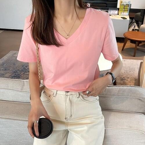 WWENN Sexy V-Neck Short Sleeve Tshirt Cotton Shirts Woman New Korean T-shirt Womens Tee Tees Tops Pink Purple Black