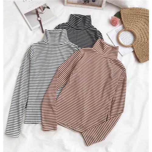 Striped Turtleneck Women T-Shirt Vintage Long Sleeve Casual Korean Chic Bottoming Tee Shirts
