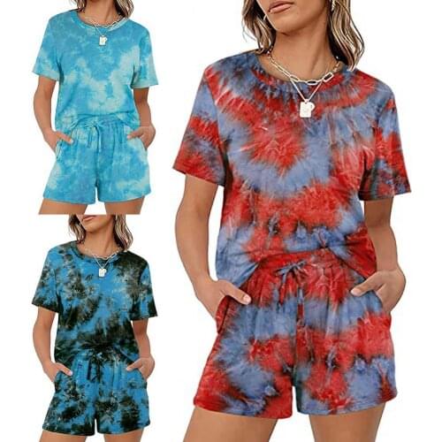 SANWOOD Women Short Sleeve Elastic Waist O Neck Drawstring T-shirt Shorts Set Two Piece Outfit for Lounge