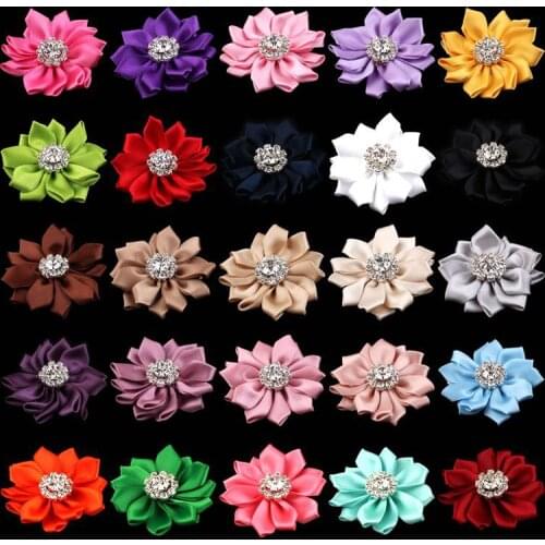 120pcs/lot 2" 25colors Multilayers Satin Ribbon Hair Flower+Rhinestones For Kids Hair Accessories Fabric Flowers For Headbands