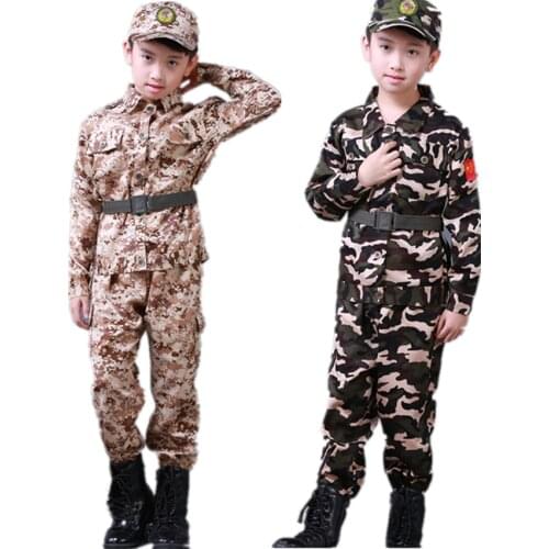 Childrens Military Clothing Kids Army Military Uniform Scouting School Training Camouflage Long Sleeve Coat+Pants+Hat+Belt Sets