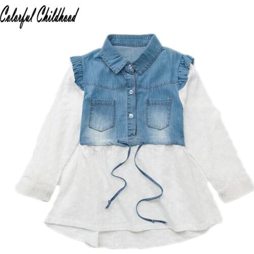 Little Girls Denim Dress Toddler Girls Cowboy Lace Embroidery Long Sleeve Dresses For Spring Autumn