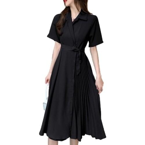 PERHAPS U Elegant Pure Color Turn Down Collar Irregular Asymmetrical Belt Single Breasted Pleate Mid Calf Shirt Dress D3074