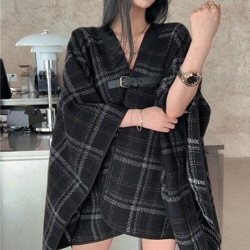Flectit Women Plaid Cape With Buckle Warm Wool Oversize Open Front Poncho Cape Coats Jackets 2021 Trends