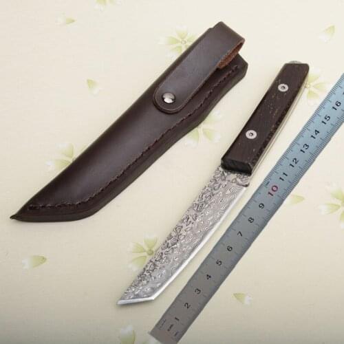 Freewolf Survival Straight Knife VG10 Damascus Steel Tanto Blade Full Tang Wenge Wood Handle With Leather Sheath H0159