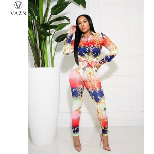 VAZN 2020 Hot Spring Shinny Full Sleeve Long Pant Print Women Casual Set Tracksuit Sexy Suit 2 Piece Set Lady Sets