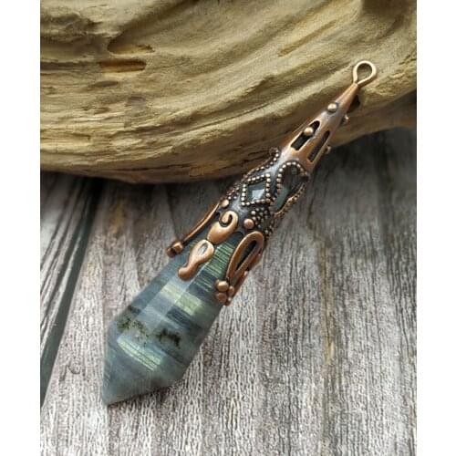 YA3886 Antique Bronze Cap Amethysts Labradorite Stone Point Healing Pendulum