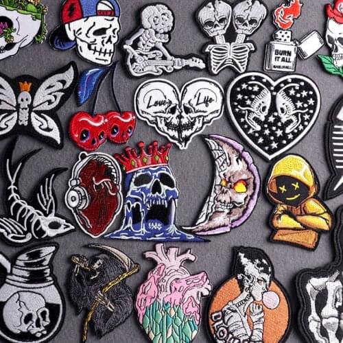 DIY Punk Clothes Stickers Skull Patch Embroidered Patches For Clothing Heart Iron On Patches On Clothes Stripes Badges Accessory