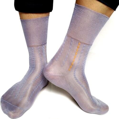 Brand Classic Style Mens Formal Socks Nylon Silks Gay Male Silks Socks With Dot Line Jacquard Sexy Sheer Thin Transparent Socks