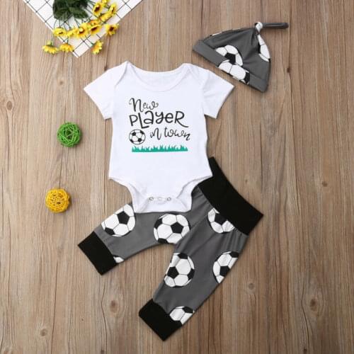 2019 New Hot sale soccer ball baby 3pcs clothes Newborn Infant Baby Boy Casual Top Romper Pants Beanie Hat Outfit Clothes Set