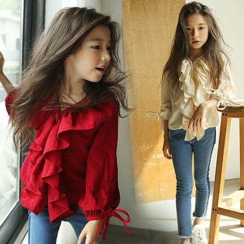 Ruffles long-sleeve cotton girls shirts 8 10 12 years sweet spring autumn summer teenage girls outfit