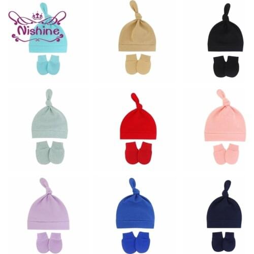 Nishine Solid Color Knitting Cotton Infant Hat and Glove Set Cute Handmade Knotted Kids Caps Baby Anti-Grab Face Protect Mitten