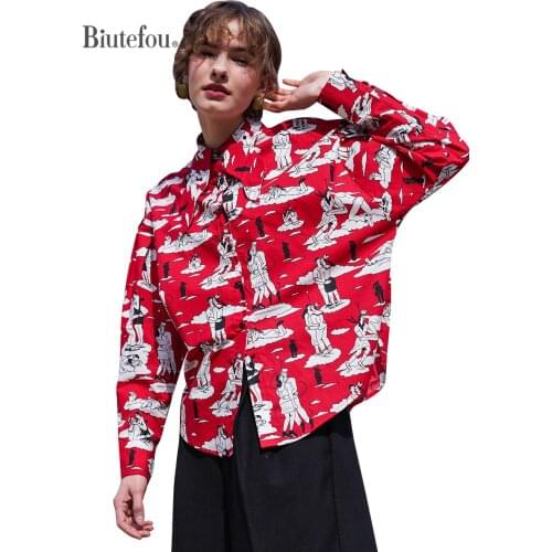 [Biutefou] Original Design 2021 Autumn Women Vintage Loose Fun Character Printing Thin Cotton Shirt