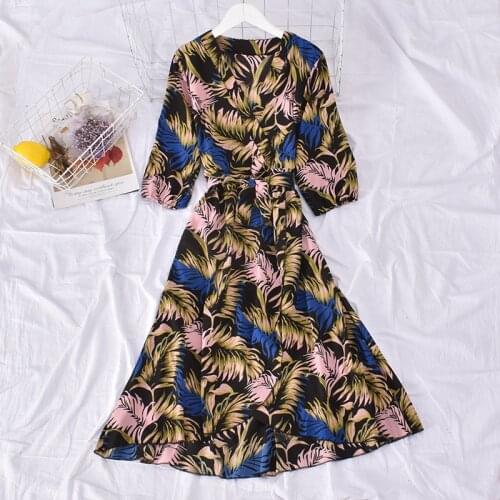 Autumn Women Vintage Puff Sleeve V-neck Chiffon Dress Female Floral Boho Sashes A-line High Waist Irregular Split Party Dress