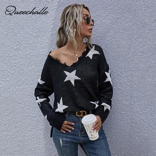 Autumn Sweater Women Tassel V neck Long Sleeve Knitted Pullover Black Star Print Split Casual Sweaters Female Jumper Tops