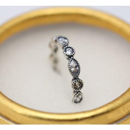 Genuine 925 sterling Silver Sparkling Leaves And Round Beads Stackable Ring Clear CZ Compatible With European Jewelry