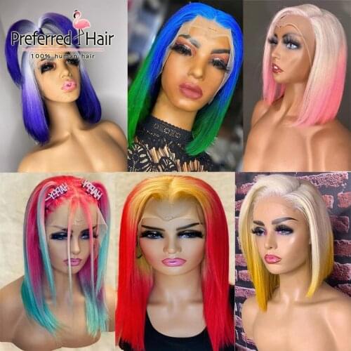 Preferred Purple Green Short Bob Wig Brazilian Remy 13x4 Lace Front Wig Pre Plucked Pink Blue Ombre Human Hair wigs For Women