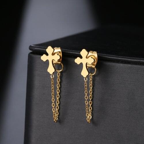 Stainless Steel Earrings 2021 Trend Simple Exquisite Cross Shape Fashion Tassel Chain Earrings For Women Jewelry Friends Gifts