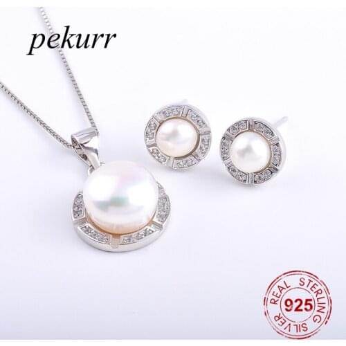 Pekurr 925 Sterling Silver Round Hoop Freshwater Natural Pearl Earrings Necklace Sets For Women Zircon Circle Pendants Jewelry